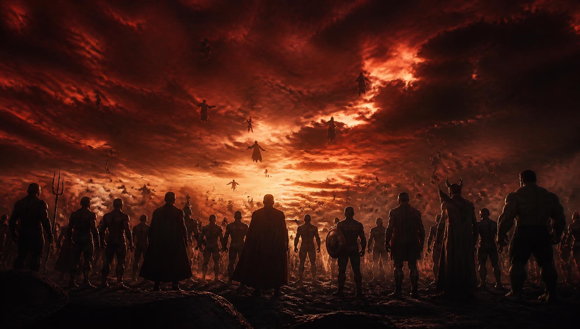 Silhouettes of Marvel heroes assembled beneath a burning sky